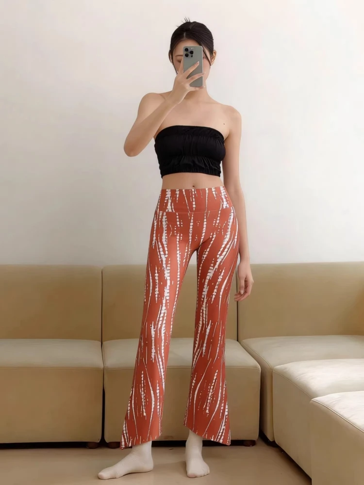 

Pants Spring Summer New Print Mid Waist High Elastic Tie Dye Flare Side Slit Sweat Wicking Yoga Fitness Thin Casual Trousers