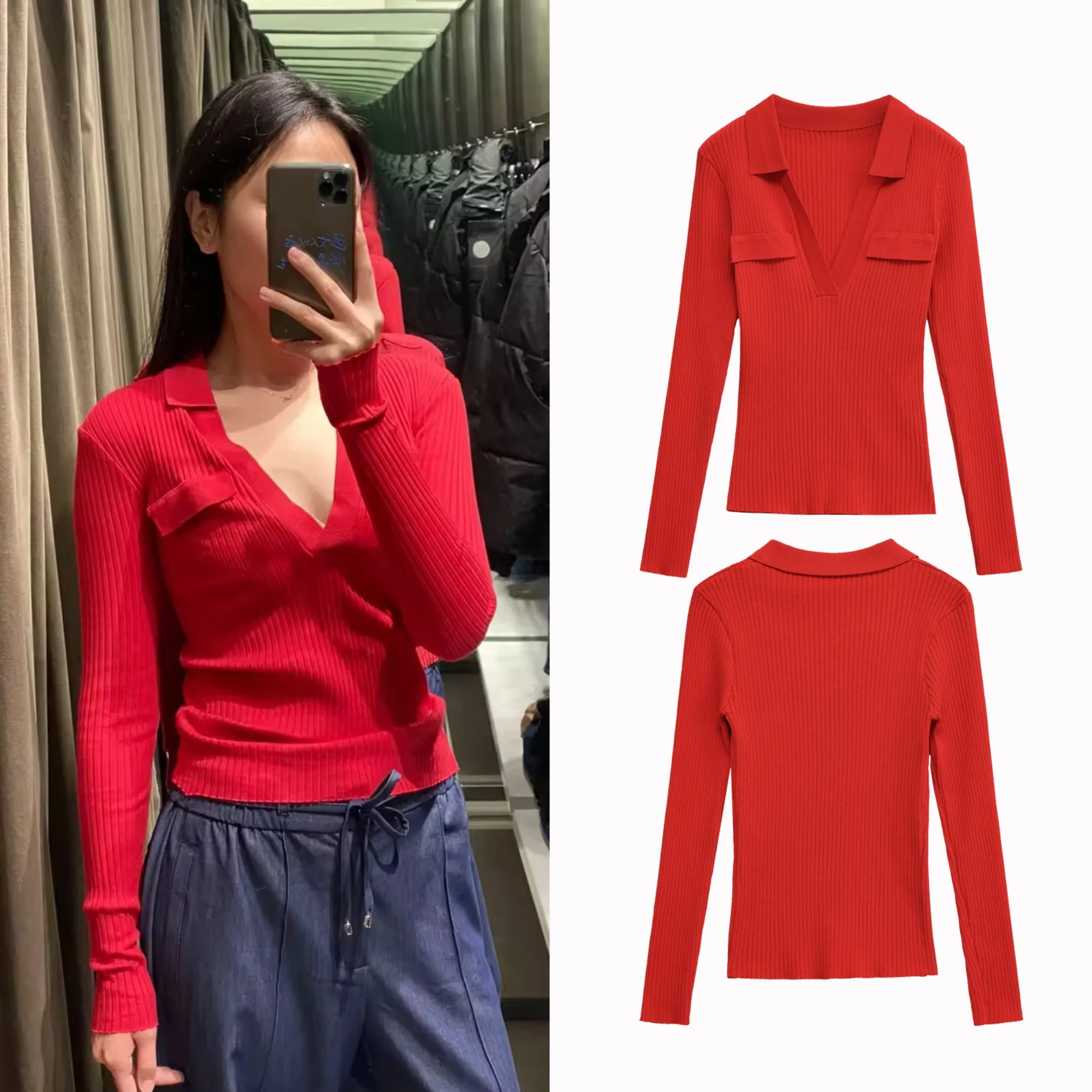 

Осенние женские вязаные пуловеры, топы 2025, тонкий вязаный свитер с v-образным вырезом и длинными рукавами и лацканами, сексуальный повседневный модный пуловер с карманами