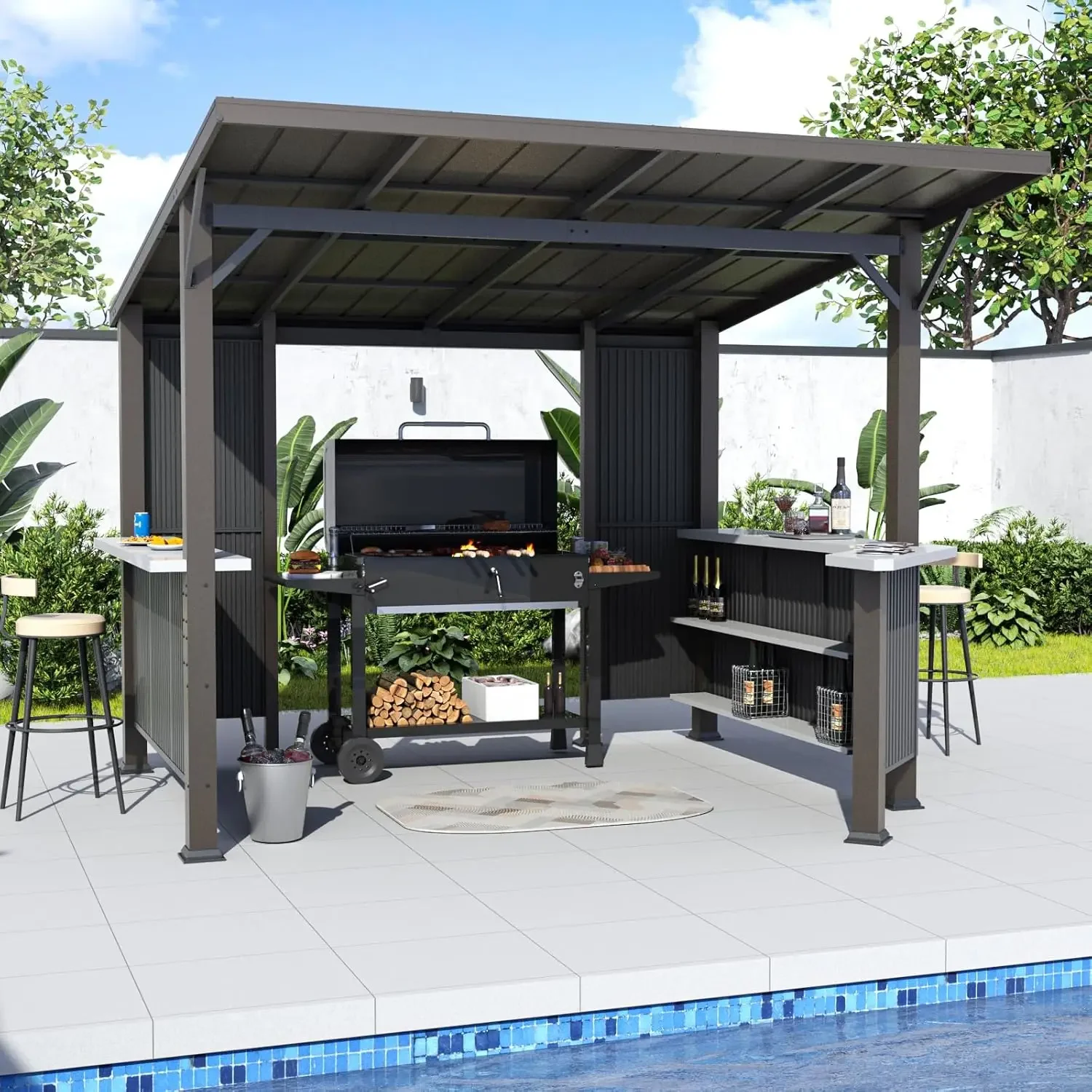 

10'x10' Hardtop Grill Gazebo: Storage Shelves, Expansion Platform, Galvanized Steel, Grey-Black Privacy Screen, for Patio