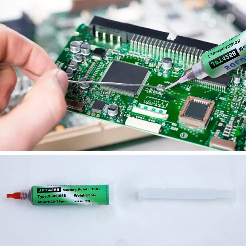 Pasta de soldadura sin plomo Sn42/Bi58, punto de fusión bajo de 138 ℃, estaño de soldadura sin limpieza para electrónica, PCB, IC, CPU, BGA,