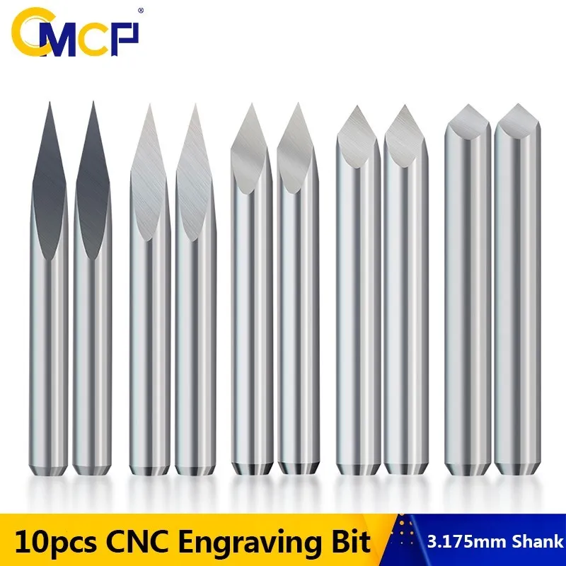 CMCP CNC Engraving Bit 3 Edge Pyramid Engraving Bits 10pcs 3.175mm Shank 20-90D Carbide End Mill CNC Router Bit Milling Cutter