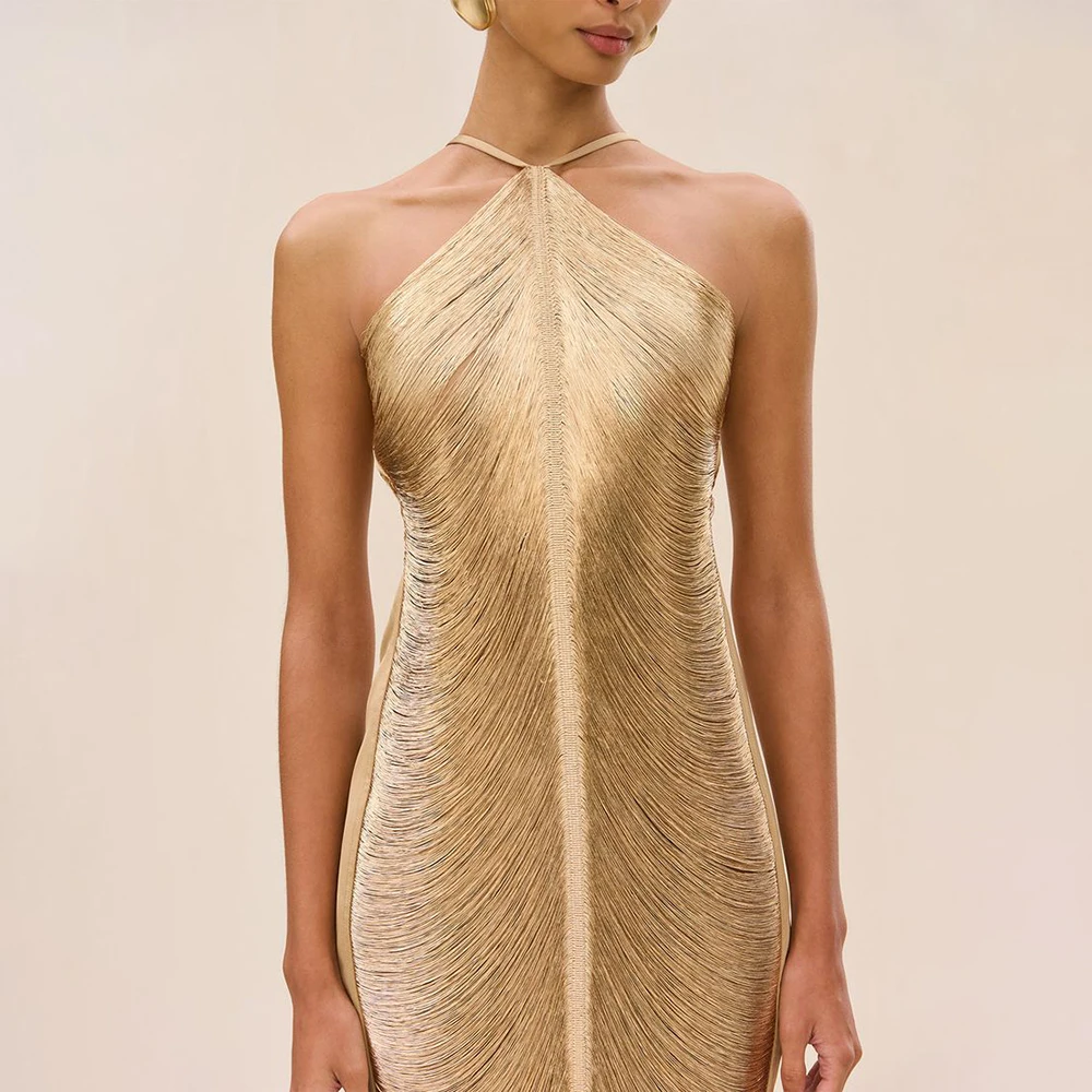 Sexy Evening Dresses Luxury Sleeveless Halter Neck Open Back Prom Gowns Golden Formal Dresses for Cocktail Banquet Party