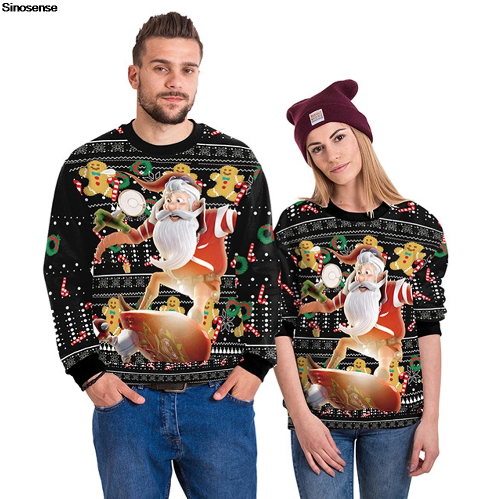 

Men Women Tacky Xmas Sweatshirt 3D Funny Print Holiday Party Jumpers Tops Pullover Gingerbread Santa Ugly Christmas Sweater