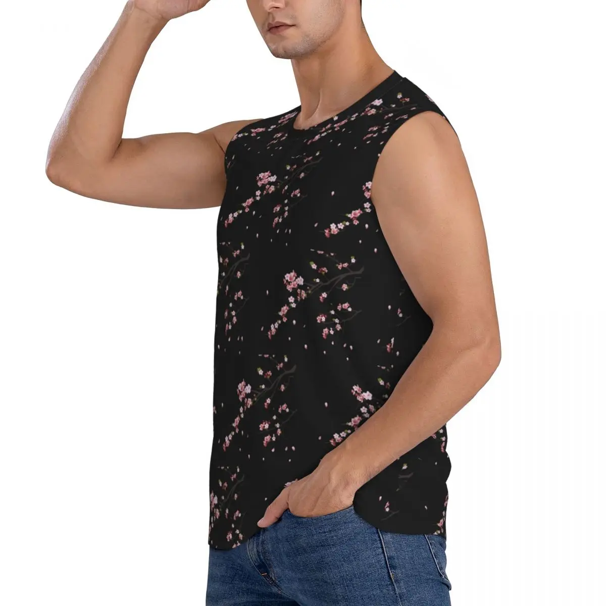 Japanese Cherry Blossom Pattern Men Sleeveless Tank Tops Quick Dry Breathable Gym Fitness Running Summer Casual Sport Vest