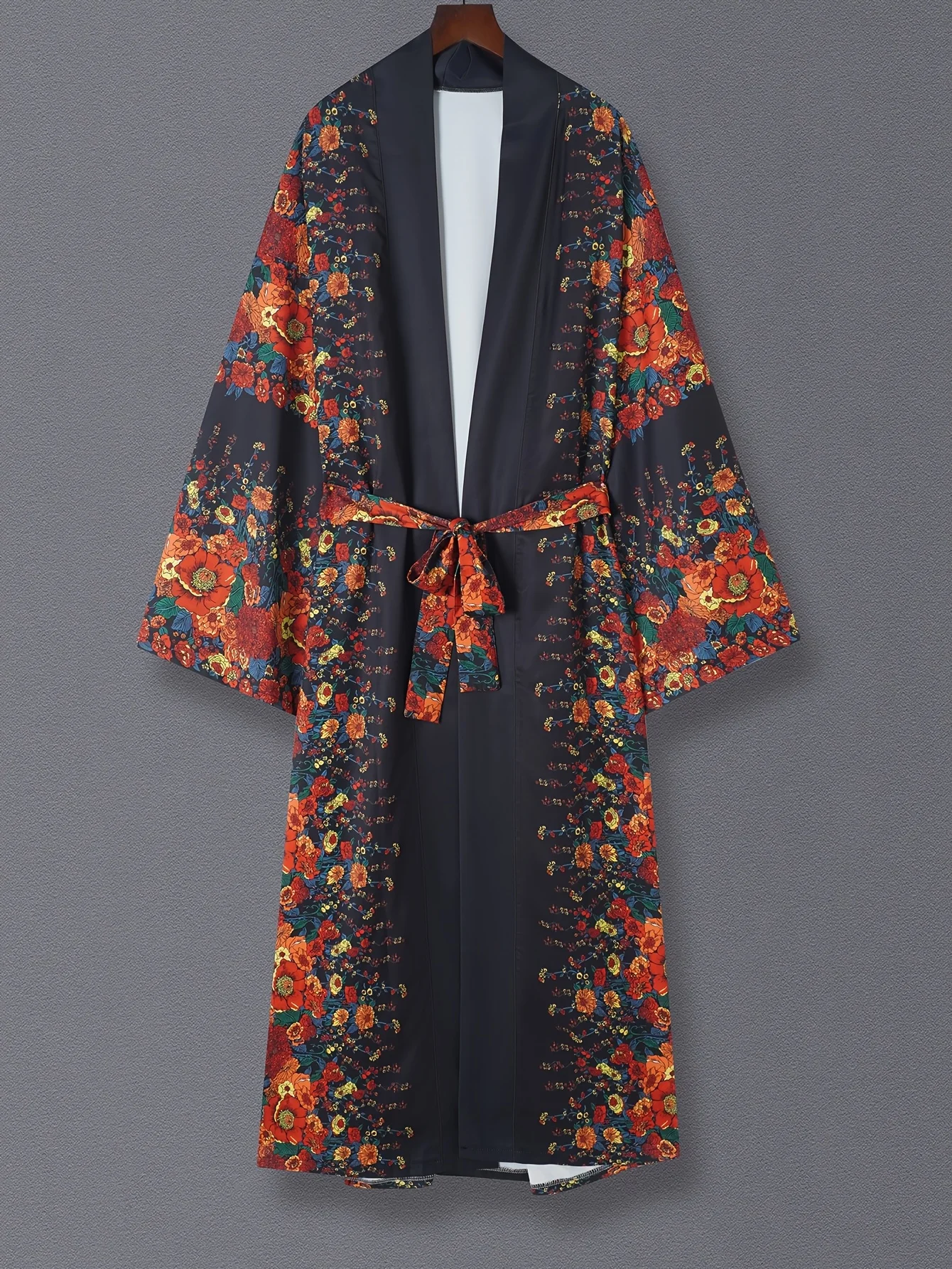 French-Style Elegant Retro Floral Print Mid-Length Kimono Cardigan with Belt, Thin Coat for Men and Women, Couple Style, European and American Style, Soft Skin-Friendly Fabric, Spring and Autumn Long-Sleeve Street Casual Vacation Cover-Up, Beach Travel Sun Protection Thin Cape Cover-Up
