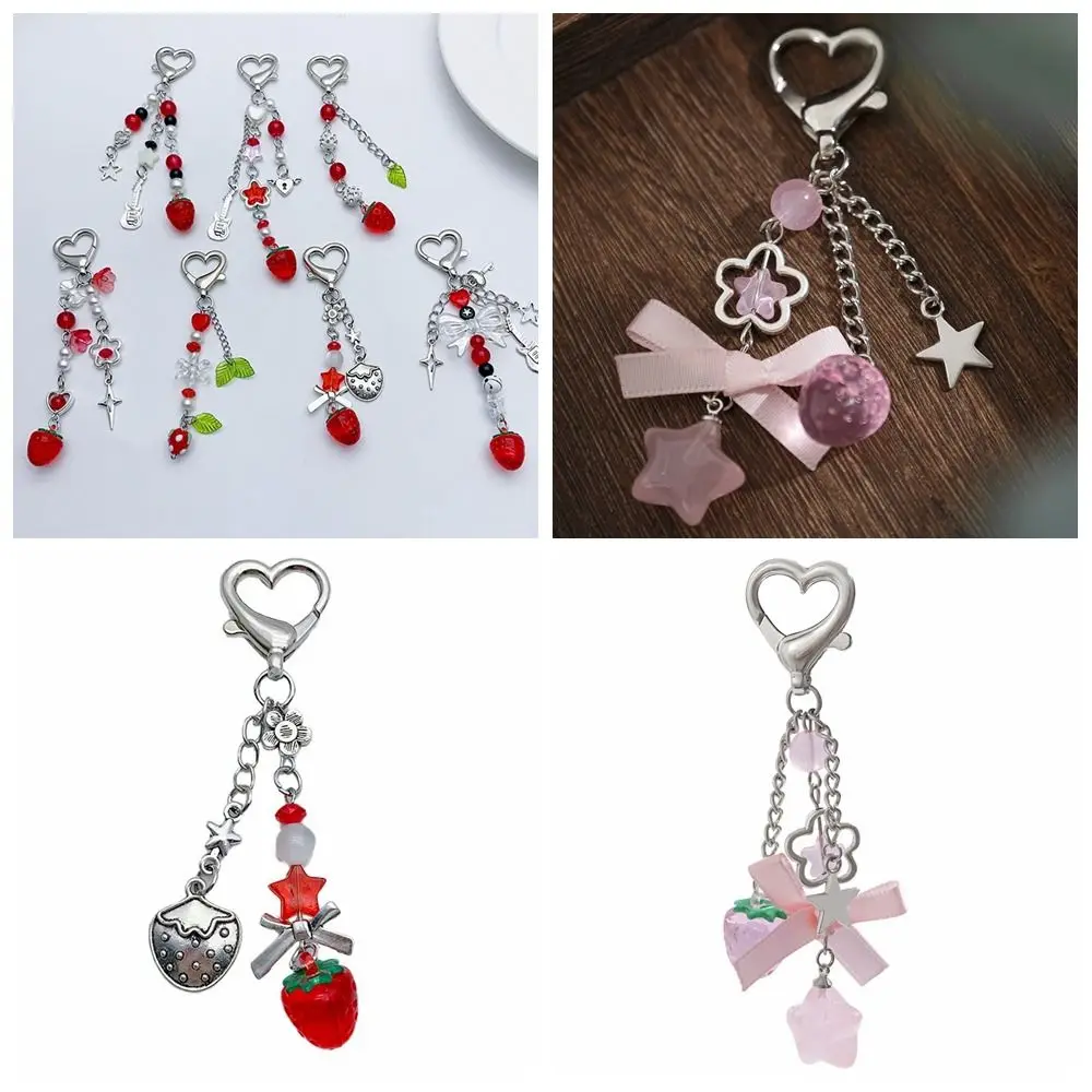 Handmade Beads Strawberry Keychain Flower Heart Bow Bag Pendant Strawberry Keyring Star Beads Phone Chain Jewelry Accessories