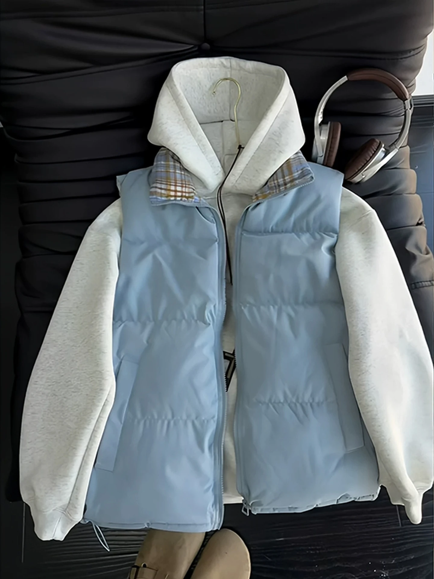 

Blue Plaid Patchwork Men's down Vest Autumn Winter American Sle Layering Svel Stand Collar oulder Pad Jaet