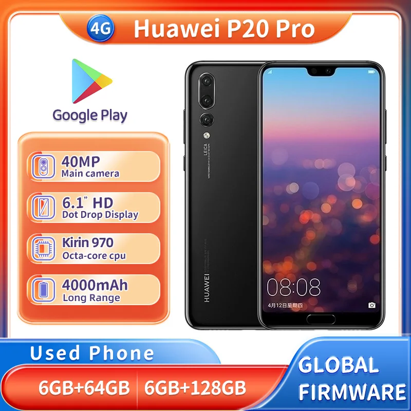هاتف هواوي P20 Pro 4G شاشة 6.1 بوصة 4000 مللي أمبير في الساعة وحدة المعالجة المركزية EMUI Hisilicon Kirin 970 Nano SIM هاتف مستعمل