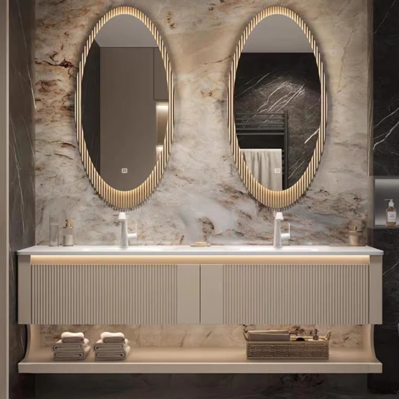 

Slate hot bending integrated double basin bathroom cabinet combination oak modern cream style bathroom basin cabinet