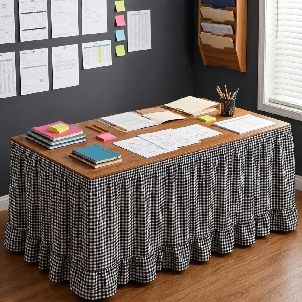 Rural Ruffled Edge Gingham Table Skirt Hook and Loop One-Piece Teacher Desk Skirt 72in Washable Table Wrap Classroom