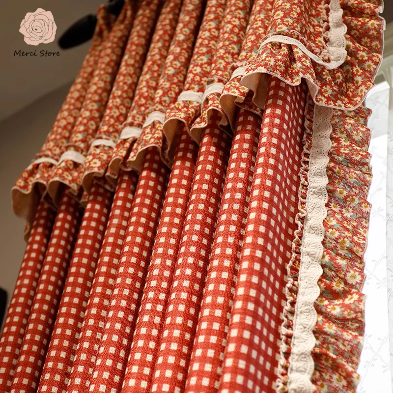 

Custom Red Checkered Floral Curtains for Living Room Bedroom American French Country Style Linen High Shading Premium Drapes