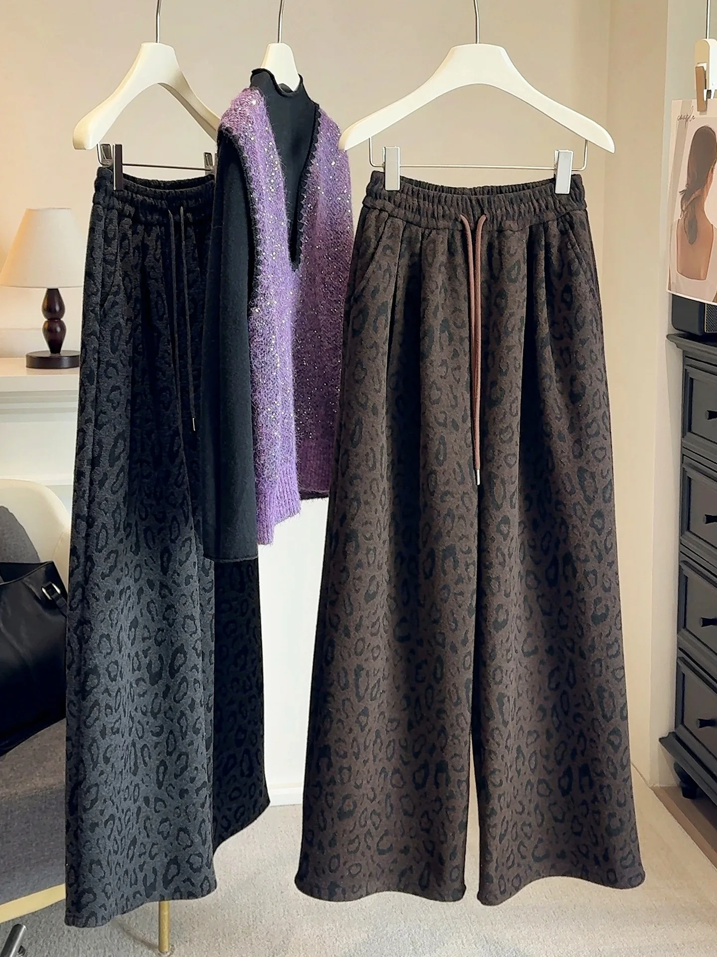 Women's Leopard Print Wide Leg Pants Autumn Winter Thiened Fce Drapey Floor-Length Straight Cut Trousers