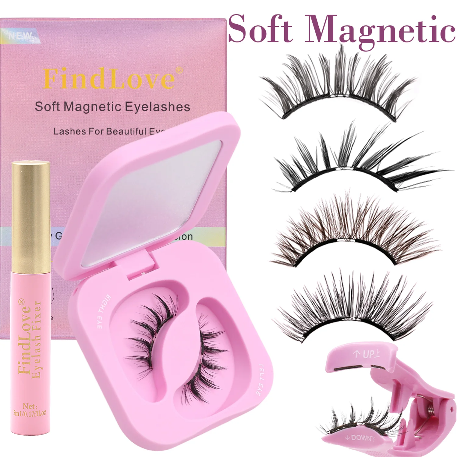 FindLove Soft Magnetic Lashes Reusable Magnetic Eyelash Extension Set With Wearing Clip Eyelash Styling Gel Natural Soft Lashes