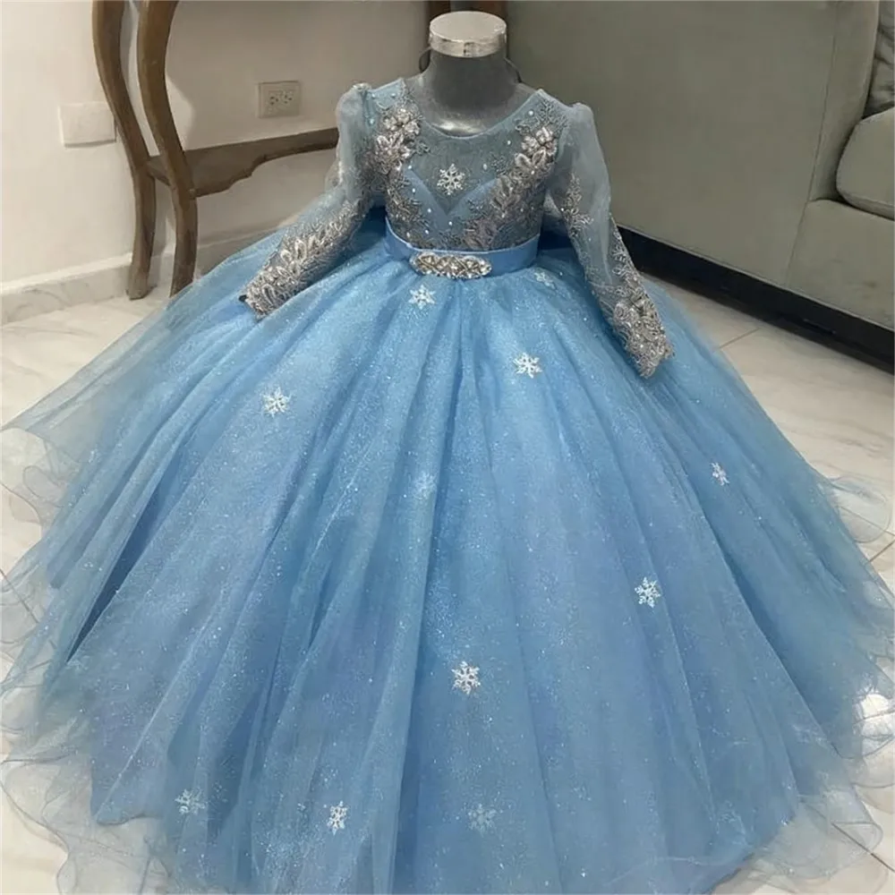 

Luxury Flower Girl Dress For Wedding Full Sleeve Appliques Belt With Bow Child First Eucharistic Birthday Party Gown Customized
