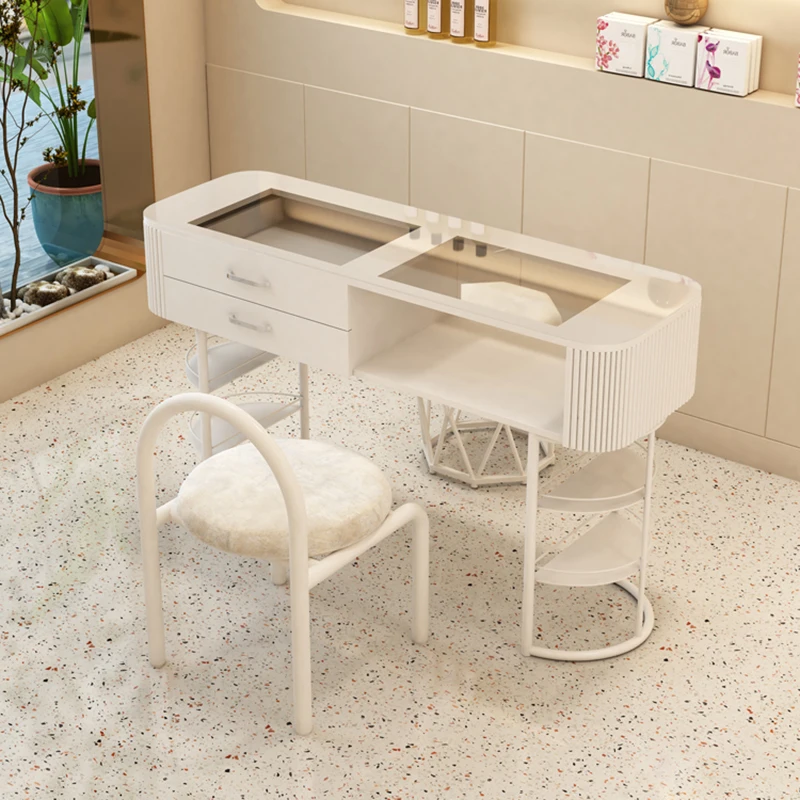 Mesa de uñas con soporte, mueble de manicura de lujo, estilo nórdico, armarios técnicos, color blanco