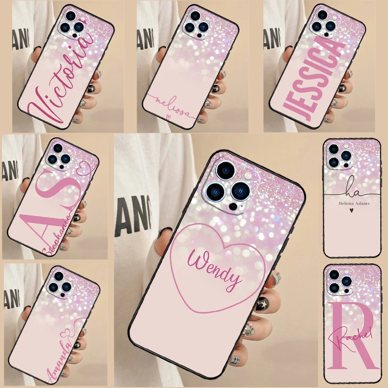 Spersonalizowane inicjały imię różowy błyszczący Etui na telefon iPhone 16 15 14 13 11 12 Pro Max Mini XS X XR 7 8 Plus Pokrowiec na telefon