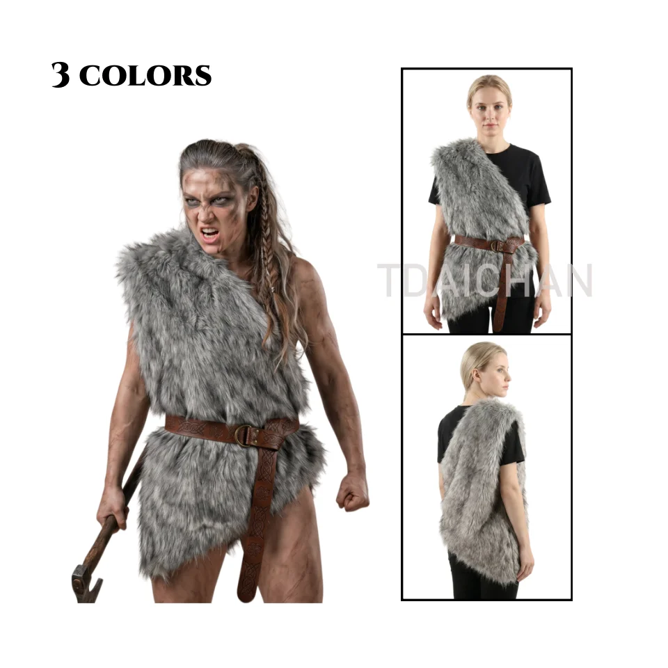 Halloween Viking Faux Fur Vest Cosplay Costume 3 Color Options Ideal for Viking, Barbarian Prehistoric Themed Parties Cape Belt
