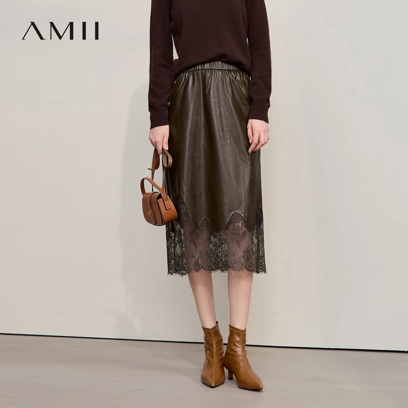 AMII Women's Skirt 2026 Autumn New Minimalist Versatile Clothing Ladies Leather Splicing Lace Solid A-line Midi Skirt 12543095