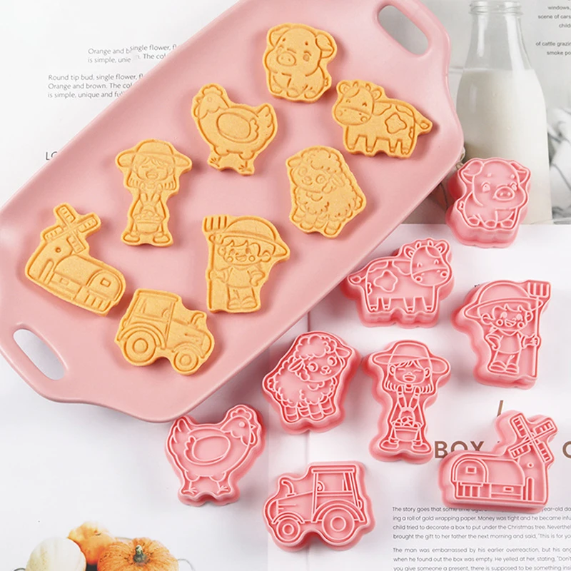 8 Pack Farm Animal Cookie Cutters Set, 3D Cartoon Farm Theme Party Baking Supplie Plastic Clay Biscuit Molds