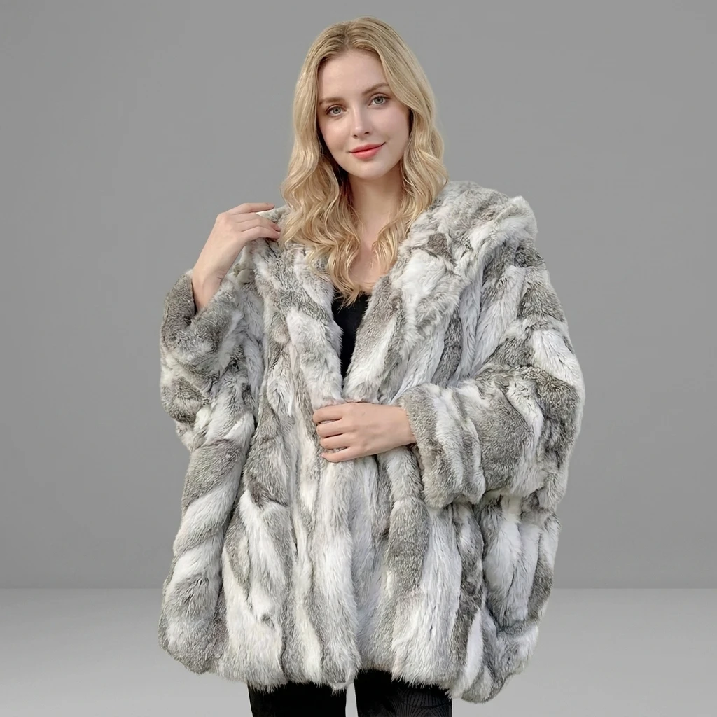 Women Real Rabbit Fur Mid Length Coat Lapel Open Front Gray White Mixed Fluffy Luxury Thick Warm Winter Fur Outerwear