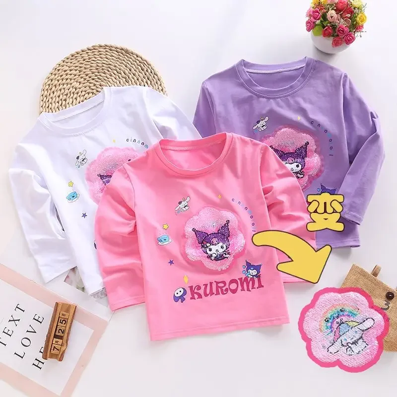 

Spring Kuromi Anime Kawaii Sanrio Ins Long Sleeve Cotton T Shirt Cute Cartoon Cinnamoroll Fashion Hooded Clothing Gifts for Kids