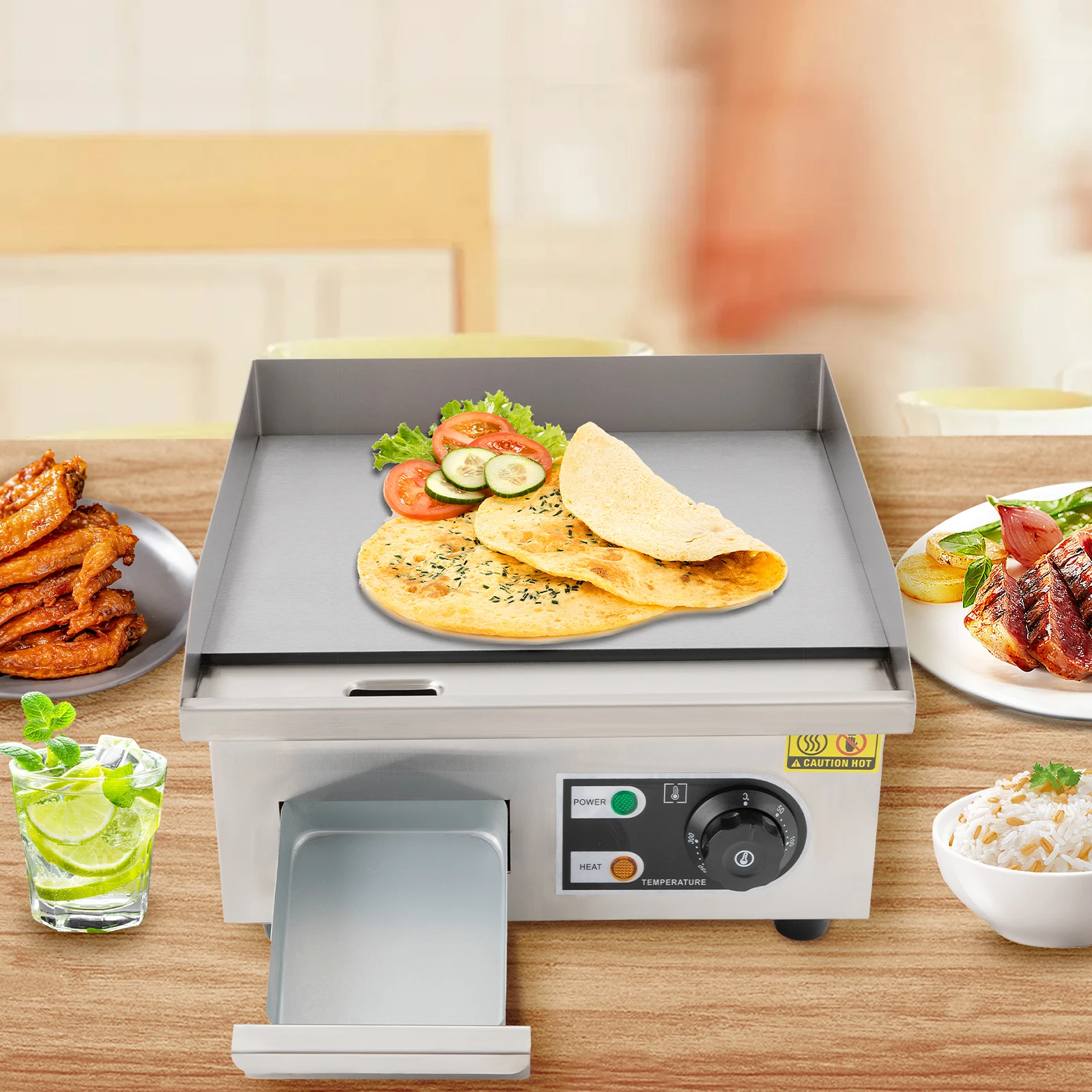 2000 W elektrische Arbeitsplatten-Grillplatte, Edelstahl, Pfannkuchenspeck, Teppanyaki-Grill, 50–300 ℃ Grill mit einstellbarer Steuerung und flacher Oberseite