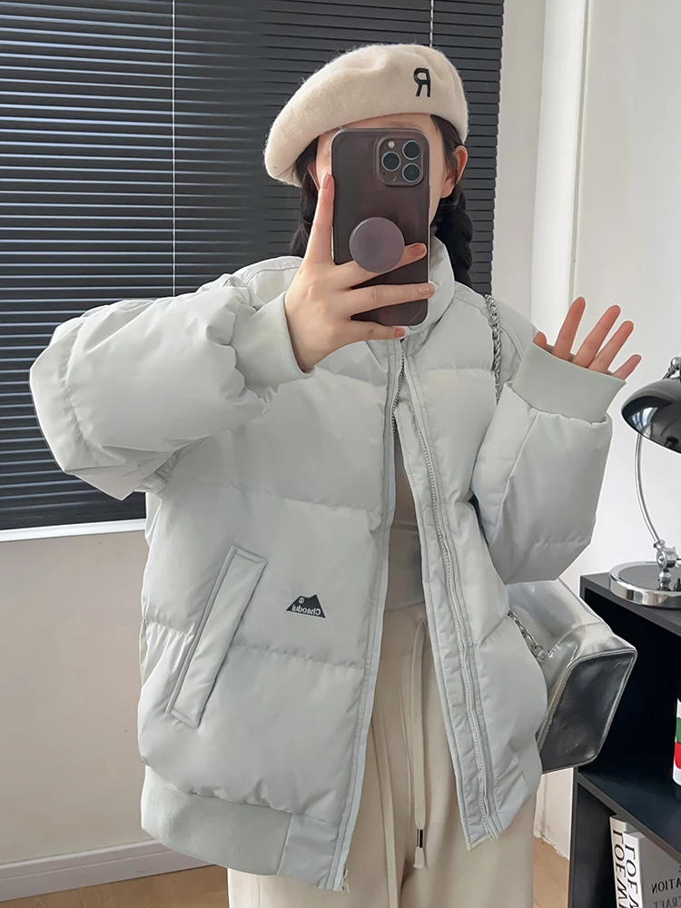 

Korean Sle Stand Collar down Jaet Women's Loose Thi Warm Cotton Coat Winter Faion Small Size Long Sve Zipper Closure