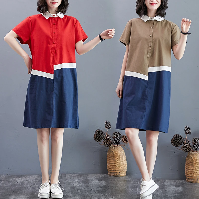 

Color Blo ort Sve irt Dr Button up Stand Collar Midi Length Loose Fit Casual Sle Big Size Women's Dr