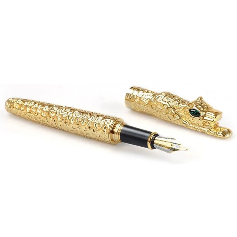 Jinhao Golden Cheetah Leopard Carving Embossing Metal 0.7mm Nib Fountain Pen Professional Office Stationery