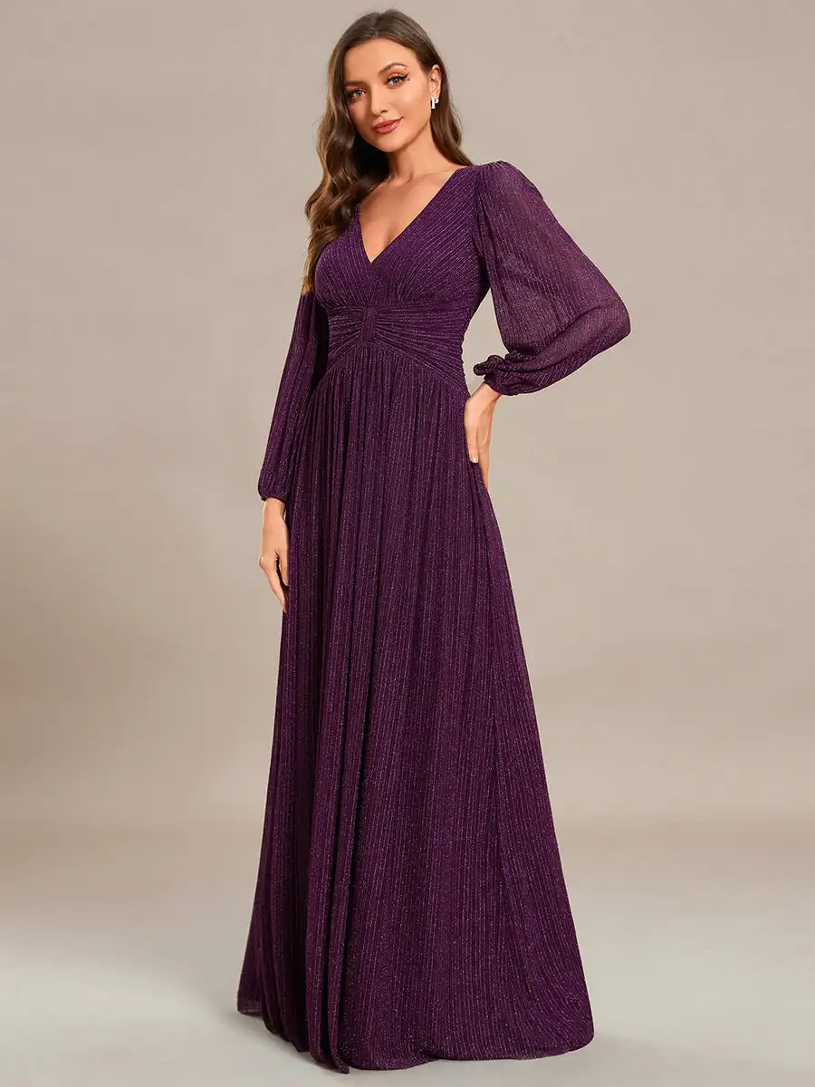 Vestido de noite elegante maxi longo decote em v com mangas compridas cintura alta 2025 sempre bonito de brilho brilhante roxo vestido de dama de honra