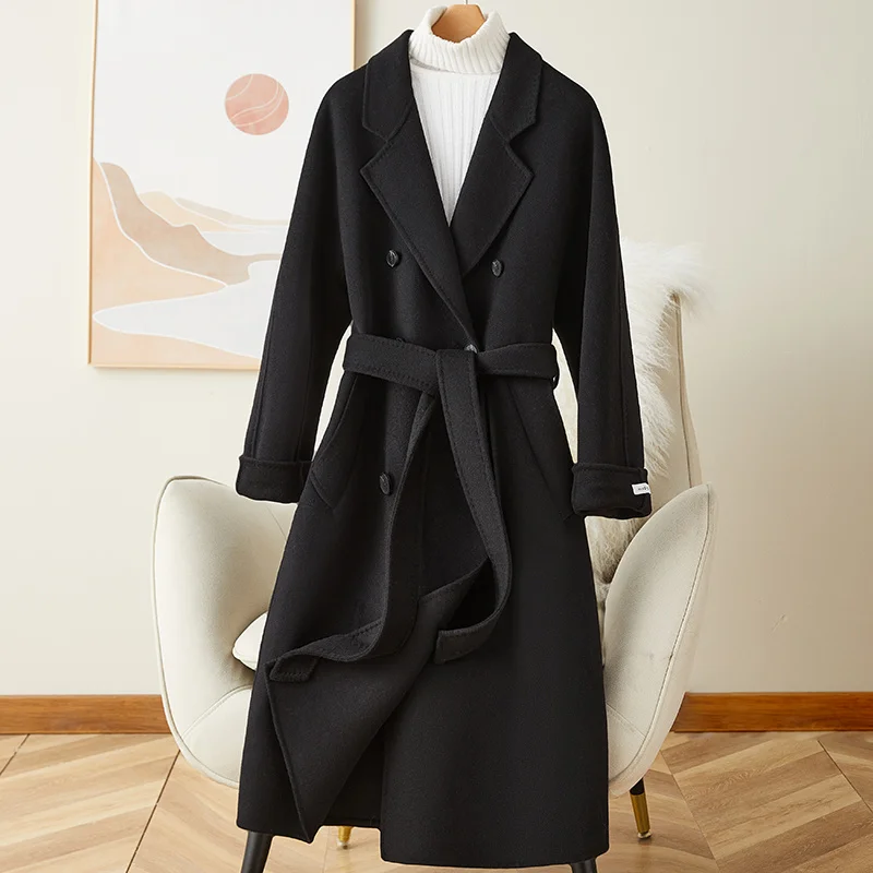 

2023 Mid Length Double-sided Cashmere Coat for Women in Autumn and Winter 2023, New High-end Hepburn Style 100 Wool Coat