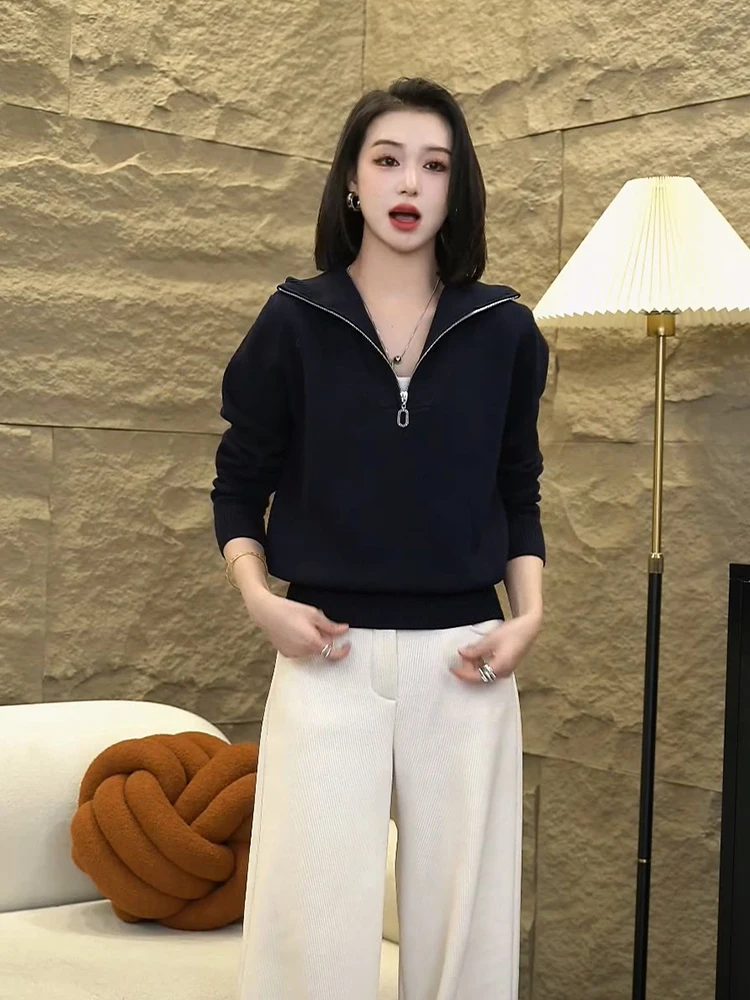 Faionable محبوك سترة المرأة f سستة الياقة ملابس داخلية التخسيس Sle جديد الخريف الشتاء فضفاضة تناسب مزدوجة سستة