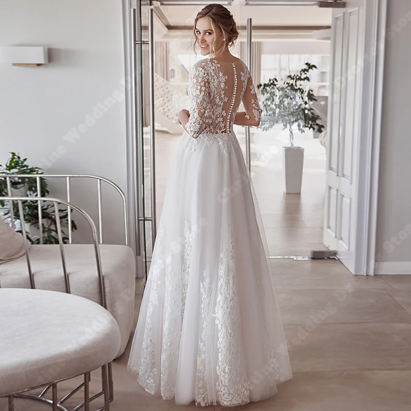 Elegant Lace Long Sleeves Women Wedding Dresses Sexy Chiffon Bridal Gowns Mopping Length Printing Robes Vestidos De Novias 2024