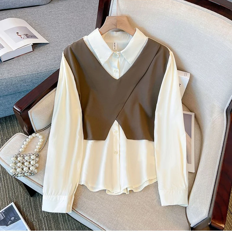 Gidyq Women Fake Two Pieces Shirts Elegant Female Chic Loose Long Sleeve Vest Tops Casual All Match Patchwork Blouse Spring New