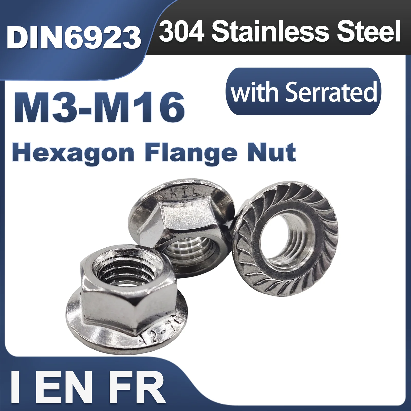 1/25pcs M3 M4 M5 M6 M8 M10 M12 M14 M16 DIN6923 201/304/316 Stainless Steel Hexagon Hex Head Serrated Spinlock Flange Lock Nut
