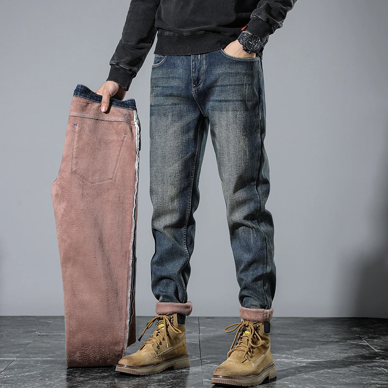 High-end fall and winter padded and thickened men's straight jeans influx of embroidery Slim elastic small feet pants male