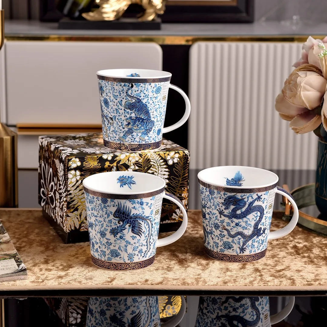 High-End Hand-Painted Retro China Flower Dragon Tiger Phoenix Ceramic Coffee Cup with Tea Plates Elegant Afternoon Tea Gift Set