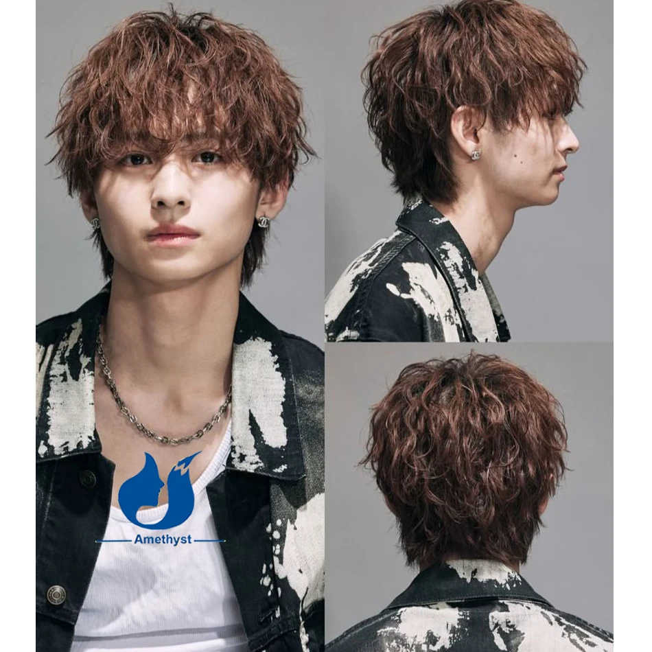 

Amethyst Brown Wave 13x6 Lace Front Wig Human Hair with Bangs Brazilian Remy Bleached Male Hair Replacement for Men