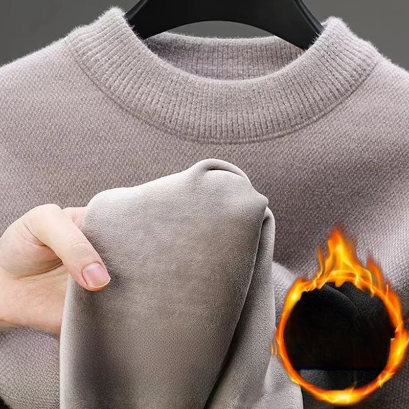 

Мужской утепленный трикотажный джемпер с высоким воротником на флисовой подкладке, новая зимняя теплая цельная трикотажная кофта из флиса