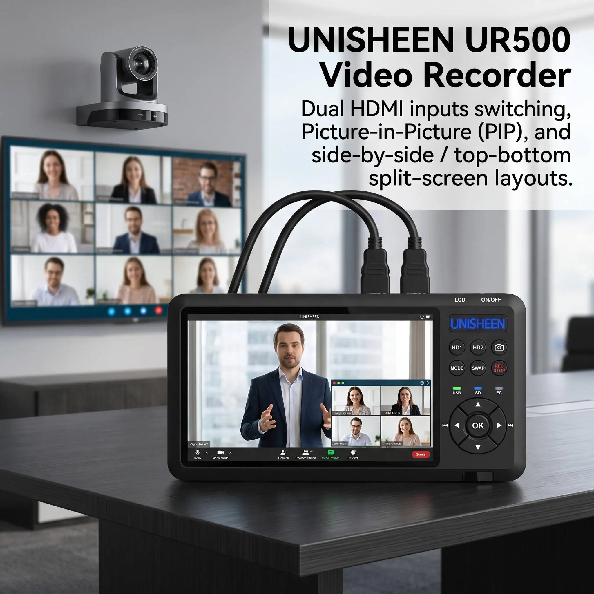 UNISHEEN 7inch Screen Video Capture Box 2 Channel HDMI Recorder Battery Socket Tape CVBS AV RCA SVideo DVI VGA YPbPr 1080p HD 4k view 3