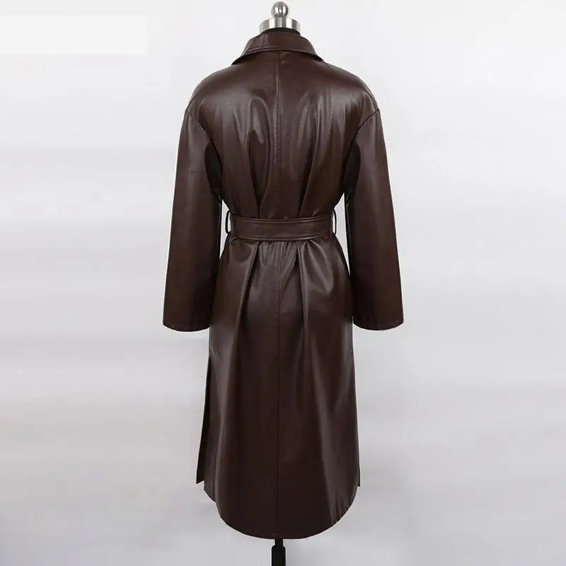 Dark Brown Leather Windbreaker Women's Long Small Lapel Belt Loose Korean Pu  simple and comfortable long leather clothing