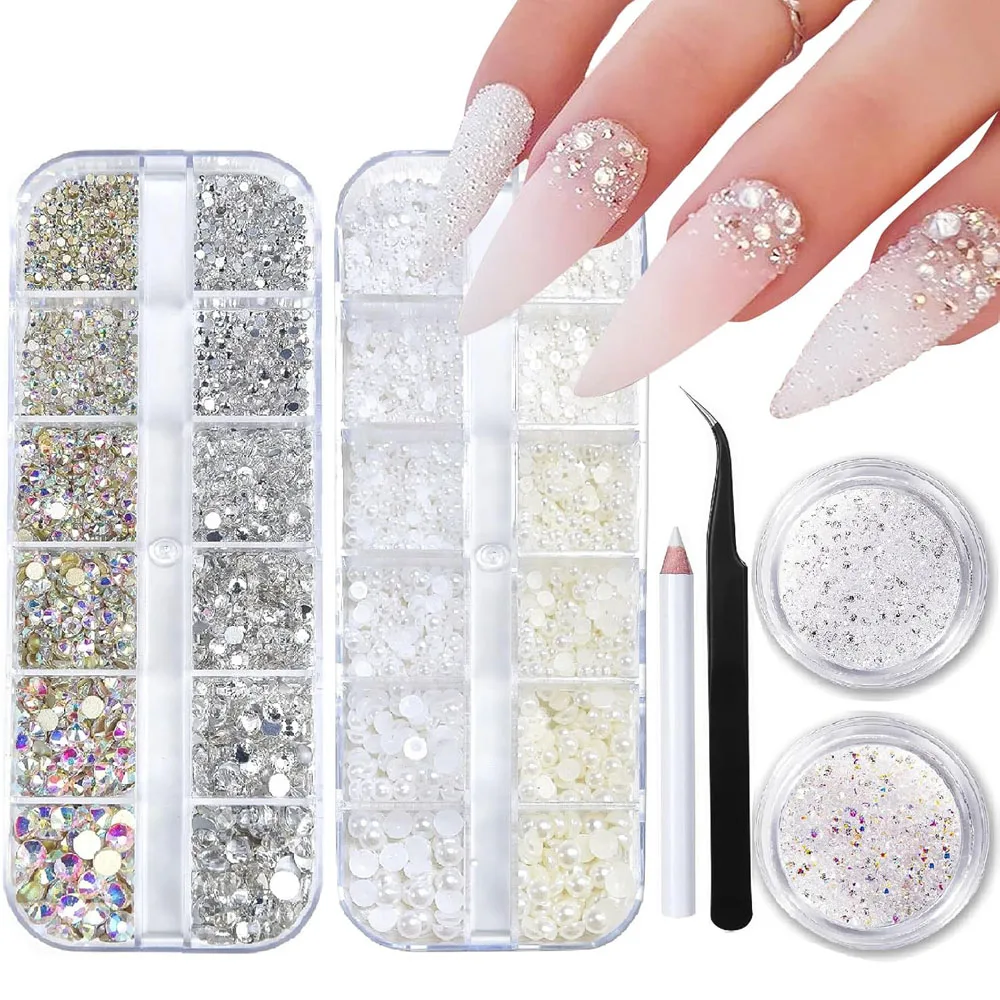 

6Pcs/Set AB Clear Diamond Crystal Nail Rhinestones Flatback Pearls Bead Nail Charm with Wax Pen Tweezers DIY Nail Art Decoration