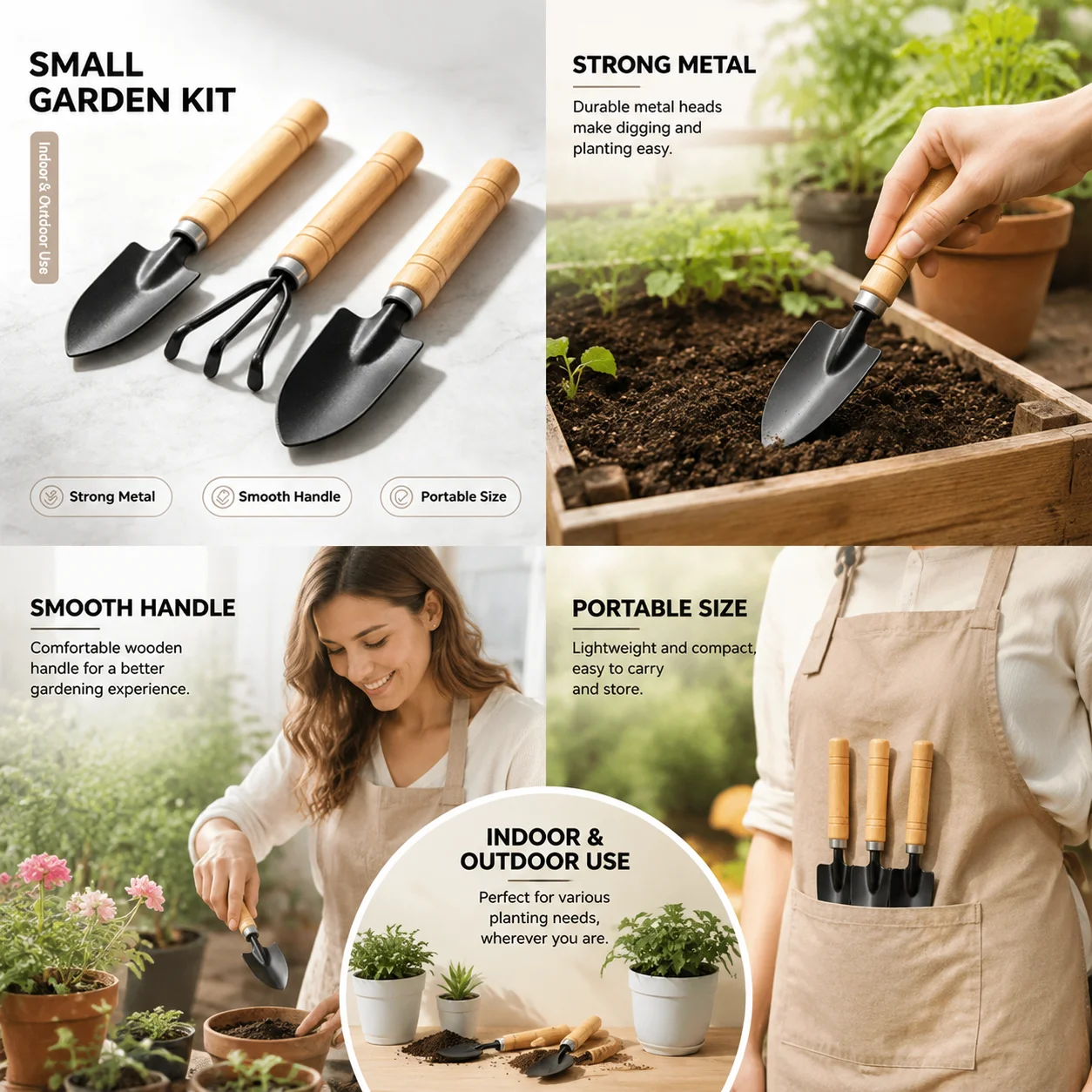 3-piece mini garden tool set, wooden handle metal head, with 2 shovels and 1 fork rake, 1/3/5/7/9 multi-package options