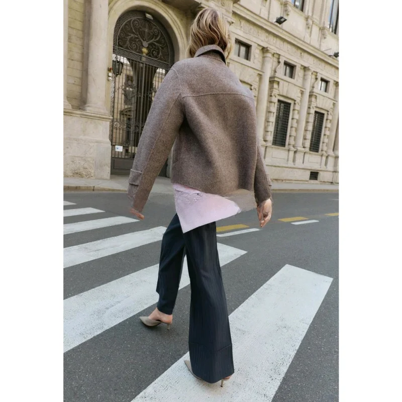 

Autumn Winter Women's Mixed Fiber Collar Long Sve ort Coat Casual Loose Fit Cotton Polyester Diamond Pattern Zipper Closure