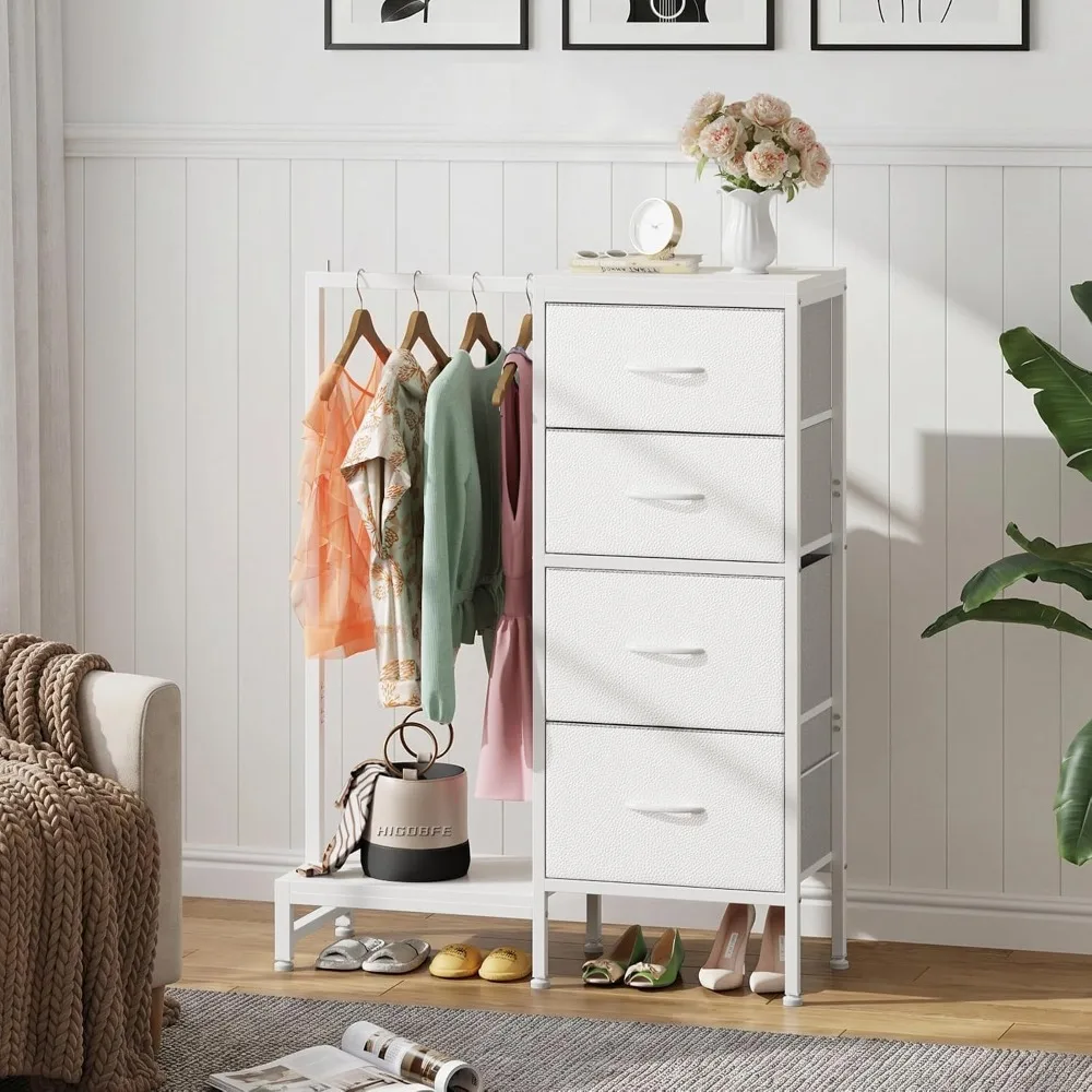 Tall Dresser 44''H with Hanging Rack, 4 Drawers Small Closet Dresser for Bedroom, Reversible Fabric Chest of Drawers