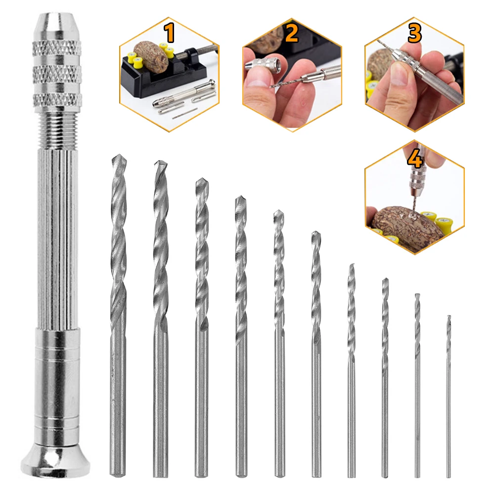 Professional Mini Hand Drill Set with 10pcs High-speed Steel Twist Drill Bit Set Holder Double Chuck Hand Drill Little Pin Vise