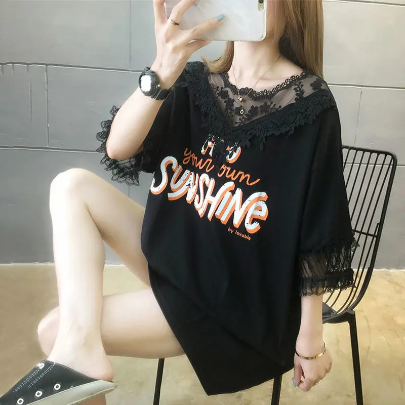 Casual Lace Spliced Loose T-shirt Hollow Out Female Clothing Korean Fashion Letter Printed Summer O-Neck Short Sleeve Pullovers