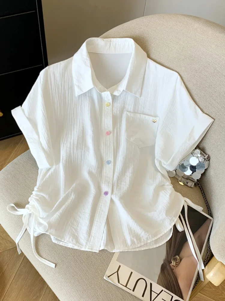 Blanc ort Sve décontracté irt femmes été 2025 nouveau Design ample coréen polyvalent ort Dstring haut trajet Sle