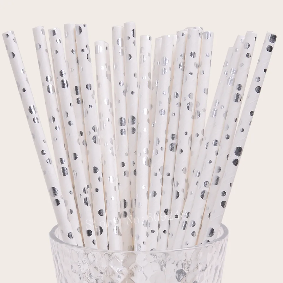 100 Pcs Silver Foil Assorted Dot Paper Straws,Metallic Bubble Celebration Christmas Wedding Holiday Party Drinking Cake Pops