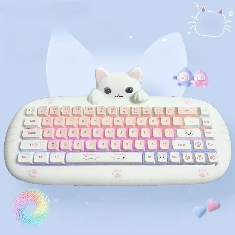 MiFuny Cartoon Cat Mechanical Keyboard Wireless Tri-mode RGB Backlight Office Gaming Keyboard PC Laptop Kawaii Pink Girl Gift